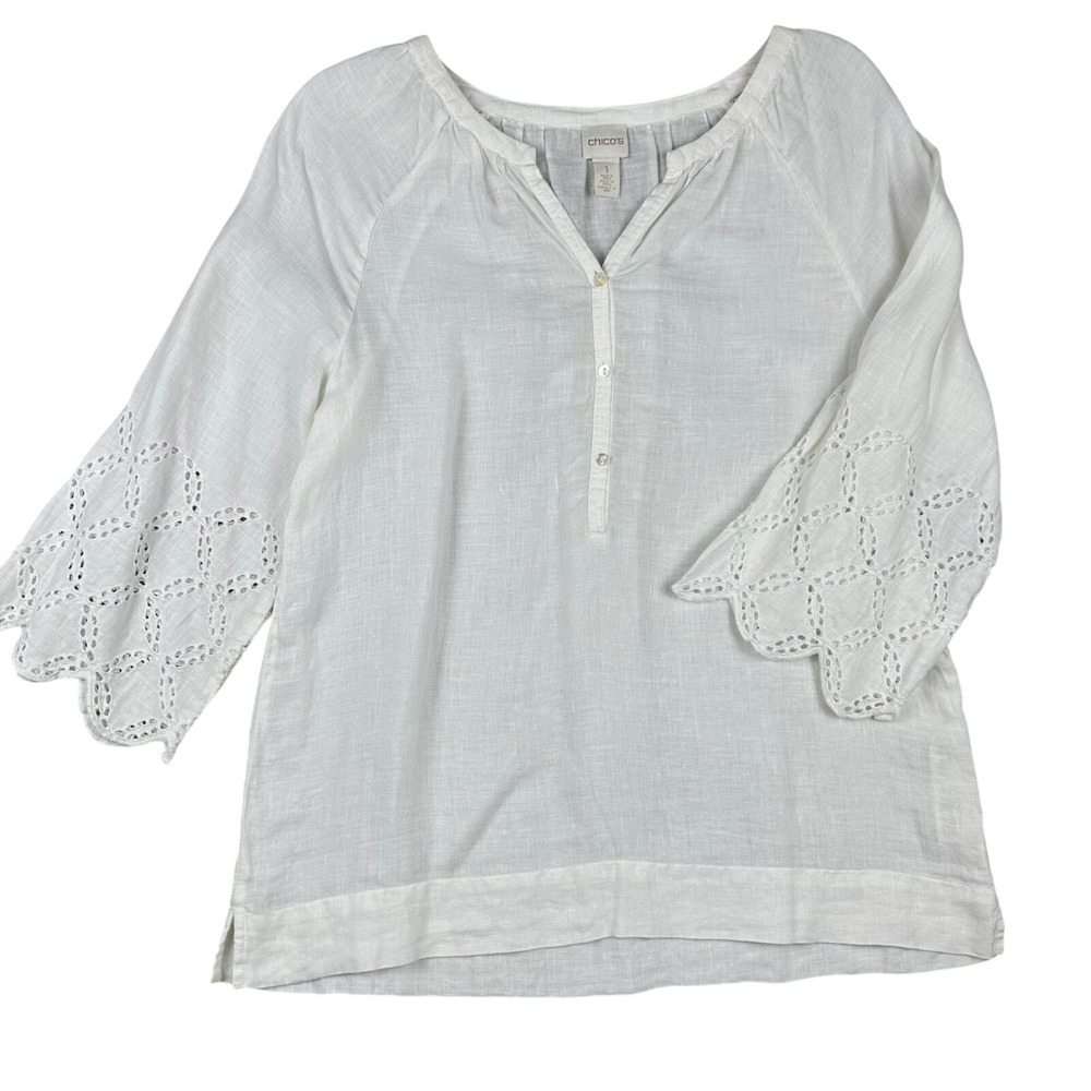 Gorgeous Chicos White 100% Linen Eyelet scalloped Bell Sleeve Tunic Top Sz 1 Med